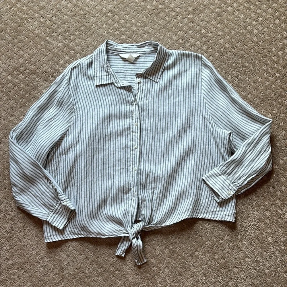 H&M Linen Green & White Striped Button-Up Women's Top XL - Picture 2 of 13